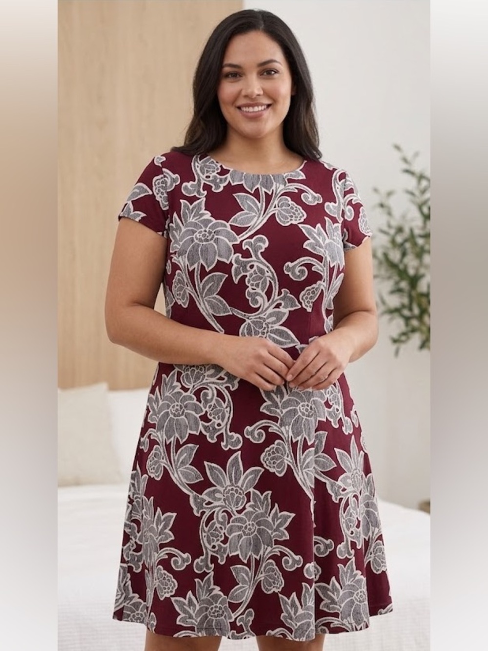 Alfani Women’s Plus Size 16W Burgundy, Navy a& White Floral Midi Dress